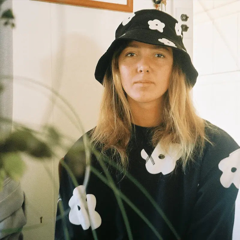 Floral Print Black and White Sakura Flower Patch Crewneck Sweater and Bucket Hat