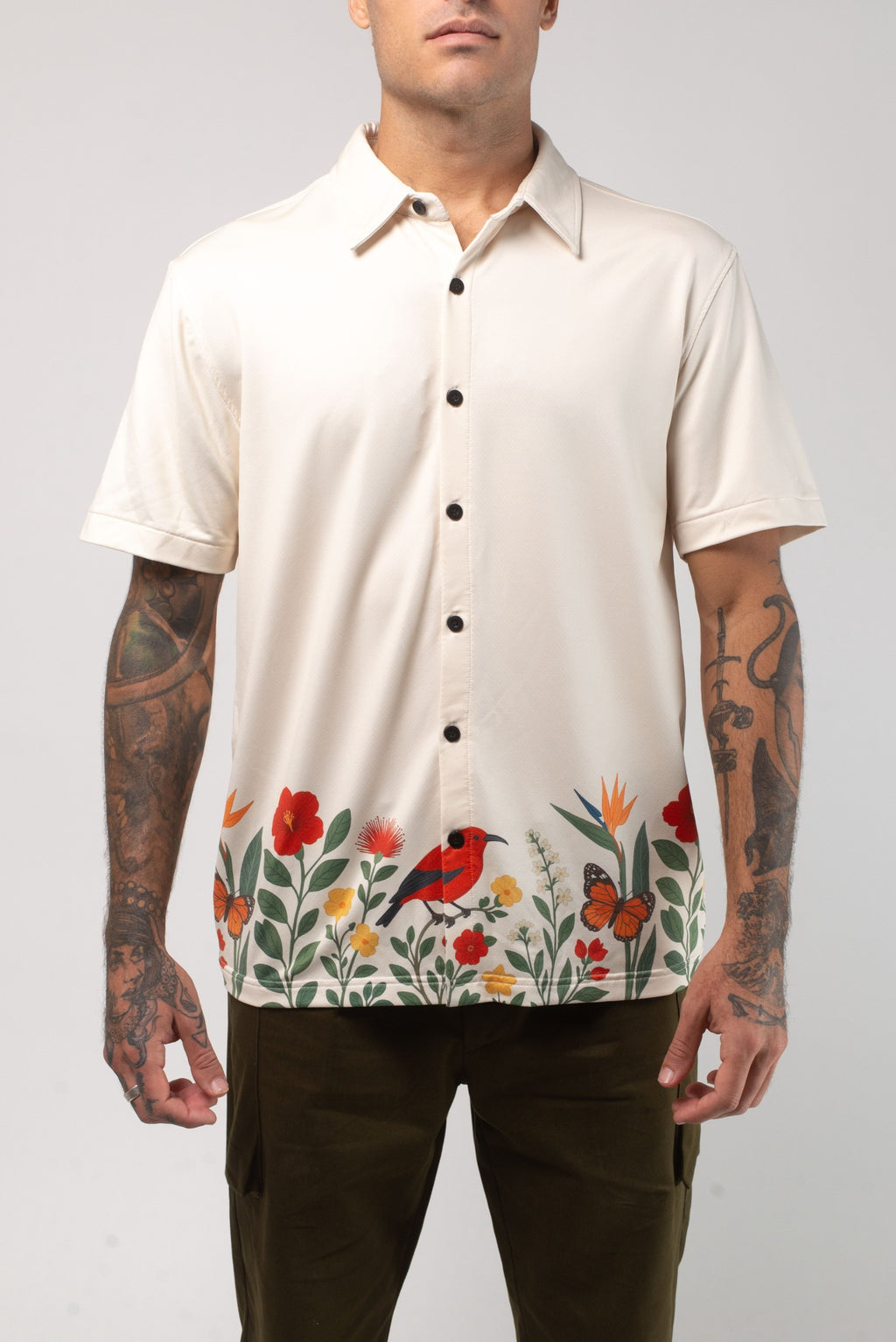 Aqua Terra Floral Fauna and Forest Tech Button Up