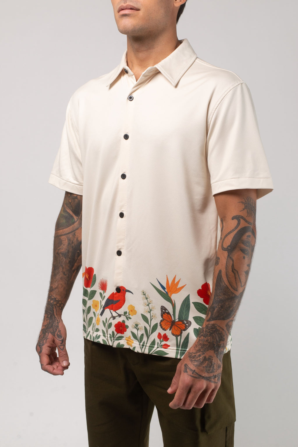 Aqua Terra Floral Fauna and Forest Tech Button Up