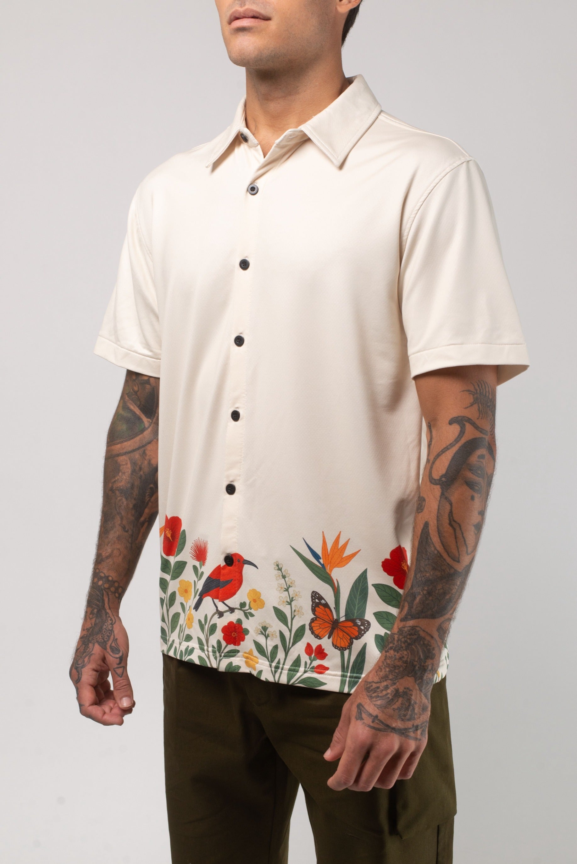 Aqua Terra Floral Fauna and Forest Tech Button Up