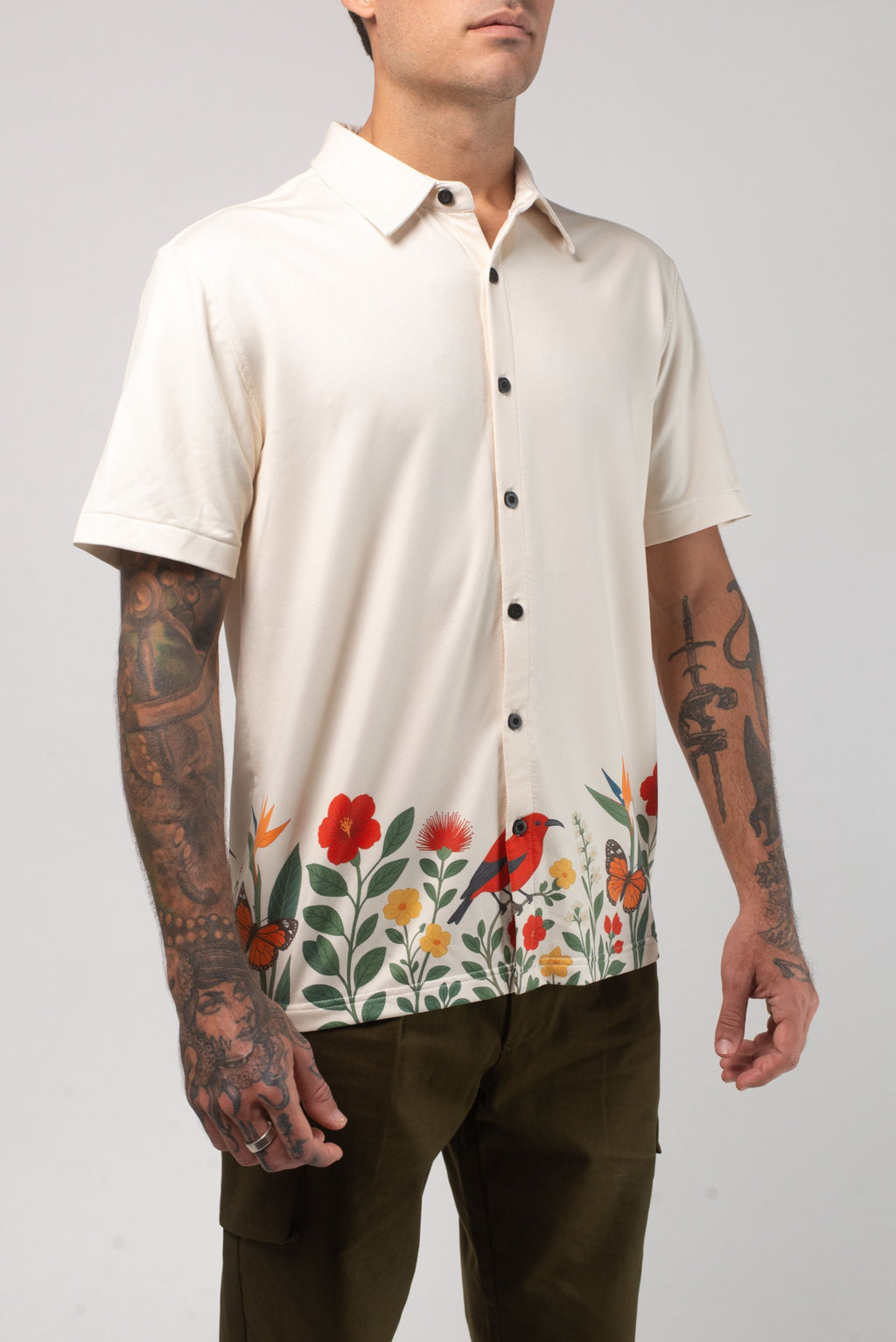 Aqua Terra Floral Fauna and Forest Tech Button Up
